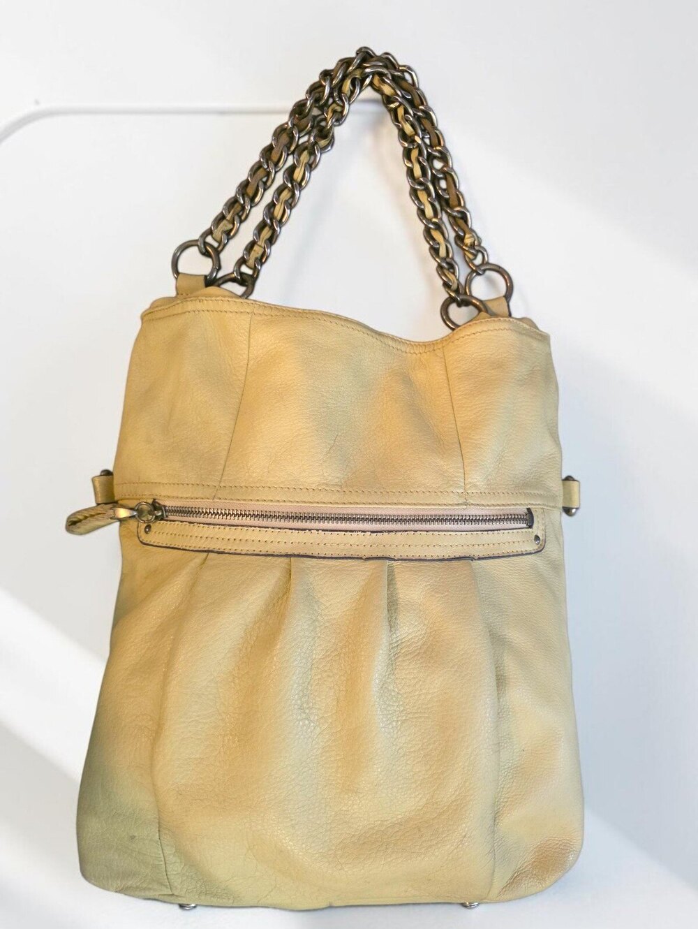 B Makowsky Butter Yellow Leather Hobo Shoulder Bag Chain Handle Y2K Large